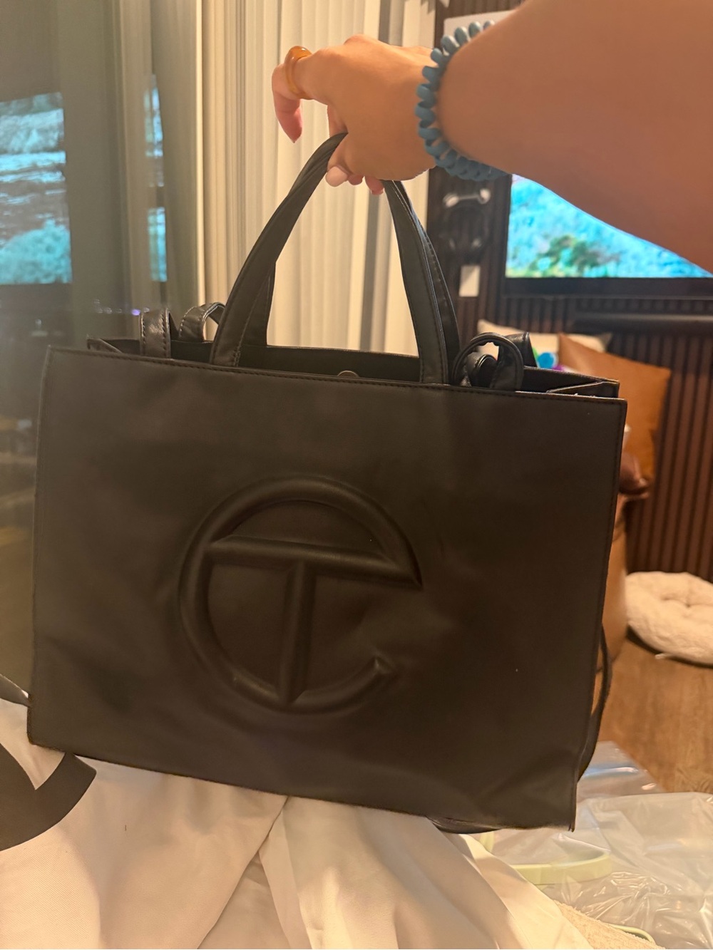 Black Leather Tote Bag with Embossed Logo - Women's Handbag TELFAR